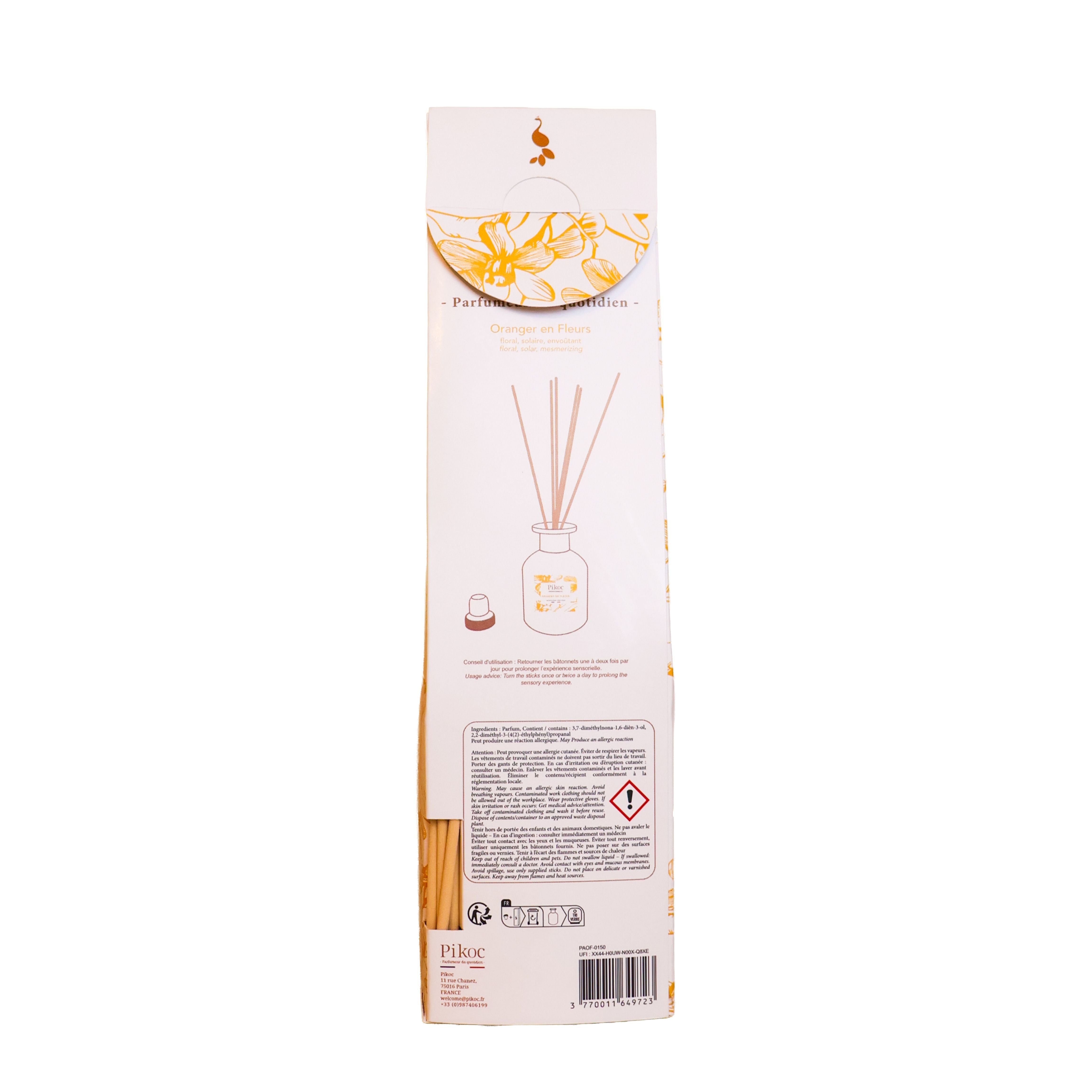 Détail réglementaire du parfum d’ambiance Pikoc Oranger en Fleurs