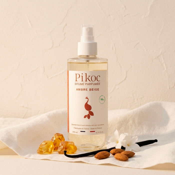 Brume Parfumée Pikoc Ambre Beige, 200mL, pyramide olfactive avec ingrédients, notes de fond, de tête et de coeur