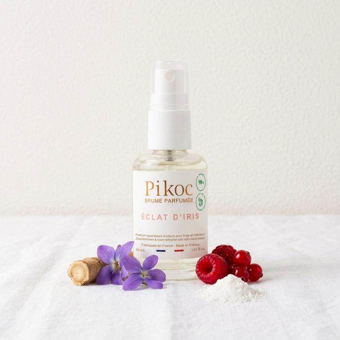Brume Parfumée Pikoc Éclat d’Iris, 30mL, pyramide olfactive avec ingrédients, notes de fond, de tête et de coeur