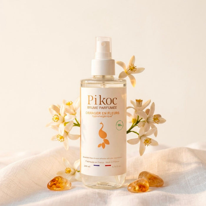 Brume Parfumée Pikoc Oranger en Fleurs, 200mL, pyramide olfactive avec ingrédients, notes de fond, de tête et de coeur