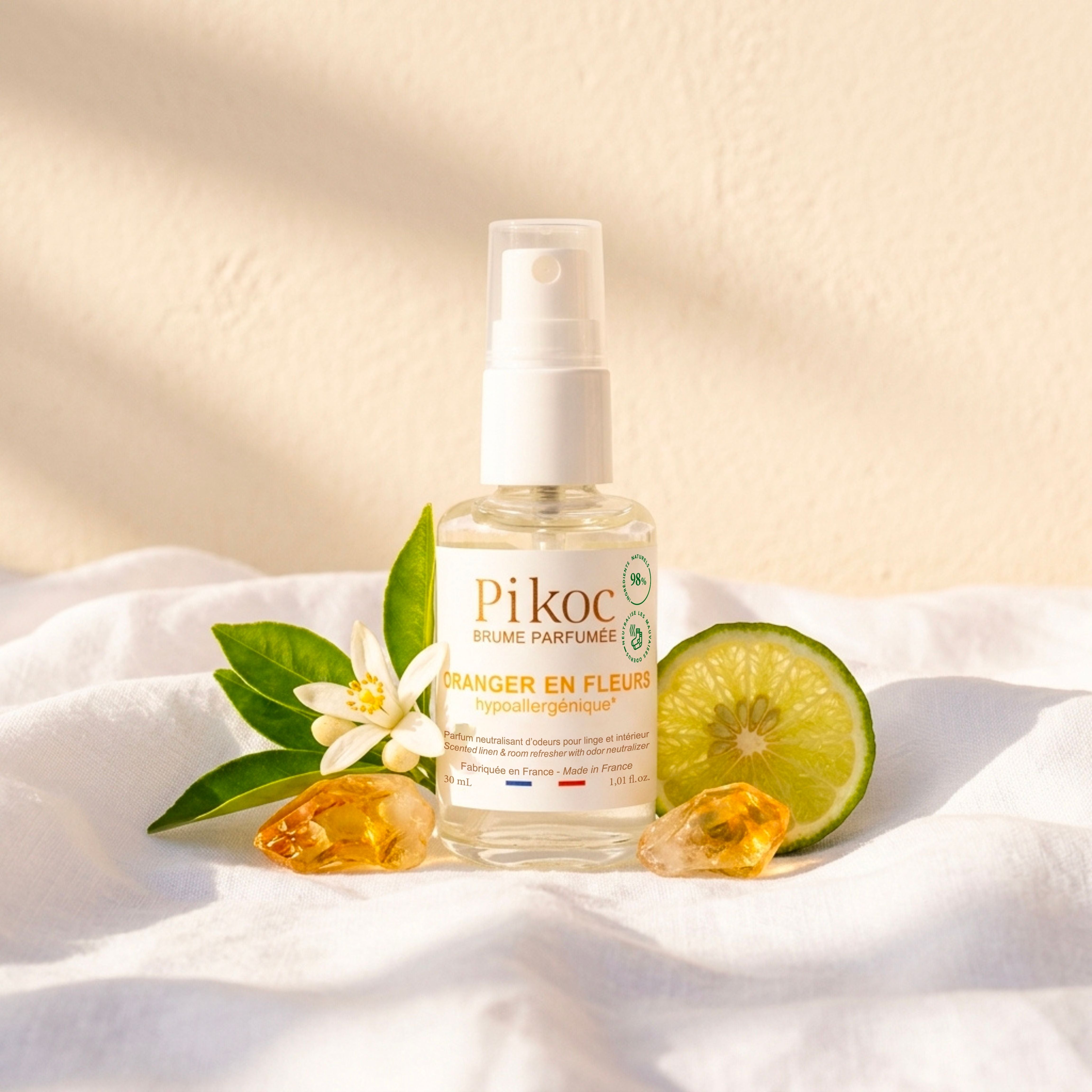 Brume Parfumée Pikoc Oranger en Fleurs, 30mL, pyramide olfactive avec ingrédients, notes de fond, de tête et de coeur