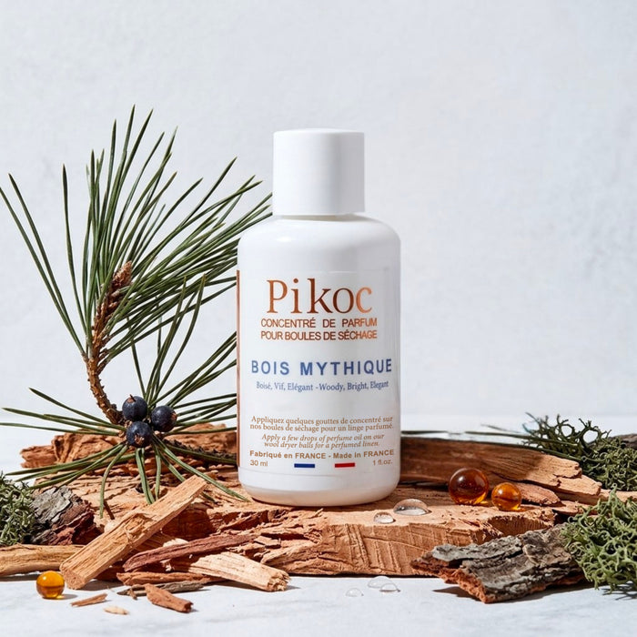 Concentré de parfum Pikoc Bois Mythique, 30mL, pyramide olfactive avec ingrédients, notes de fond, de tête et de coeur
