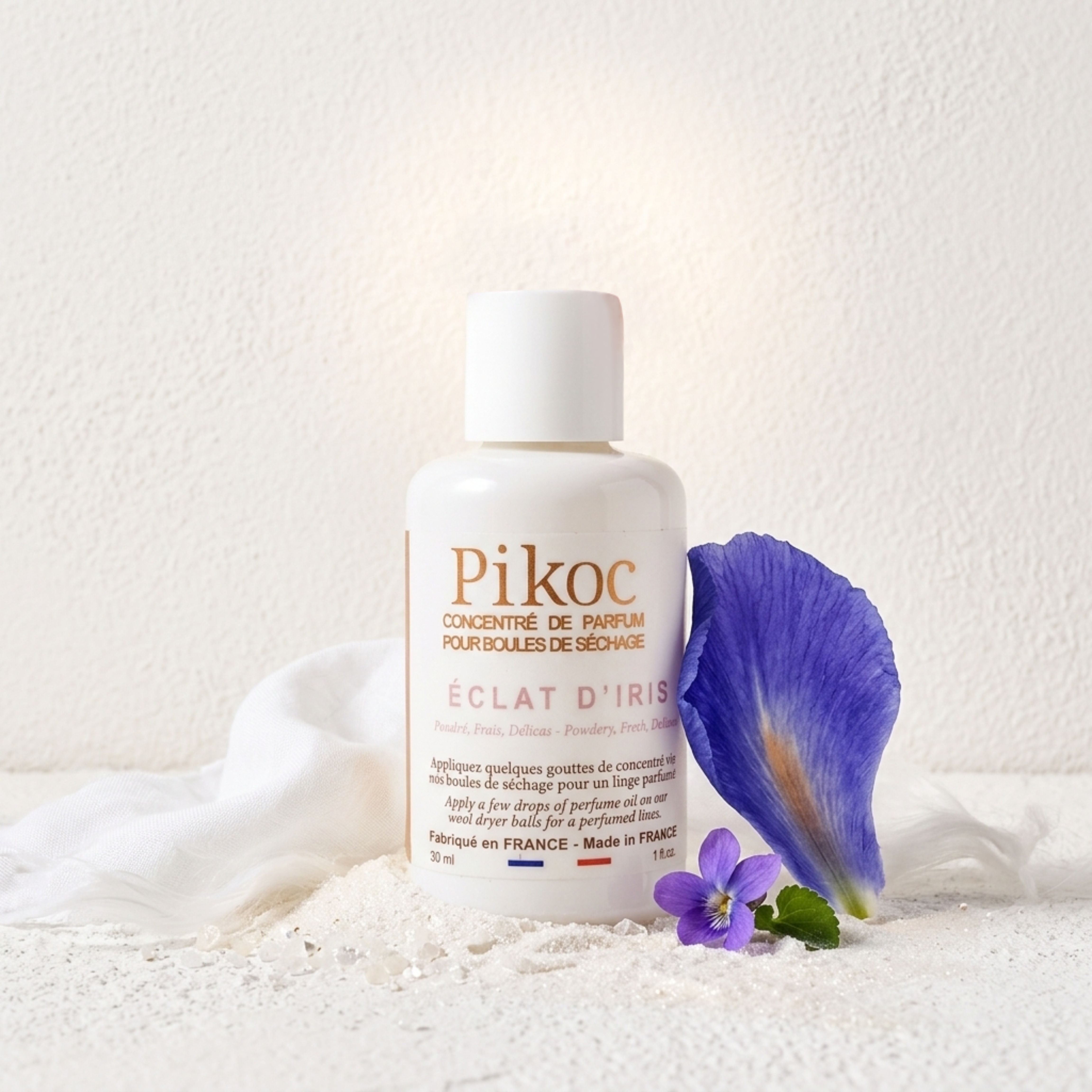 Concentré de parfum Pikoc Éclat d’Iris, 30mL, pyramide olfactive avec ingrédients, notes de fond, de tête et de coeur
