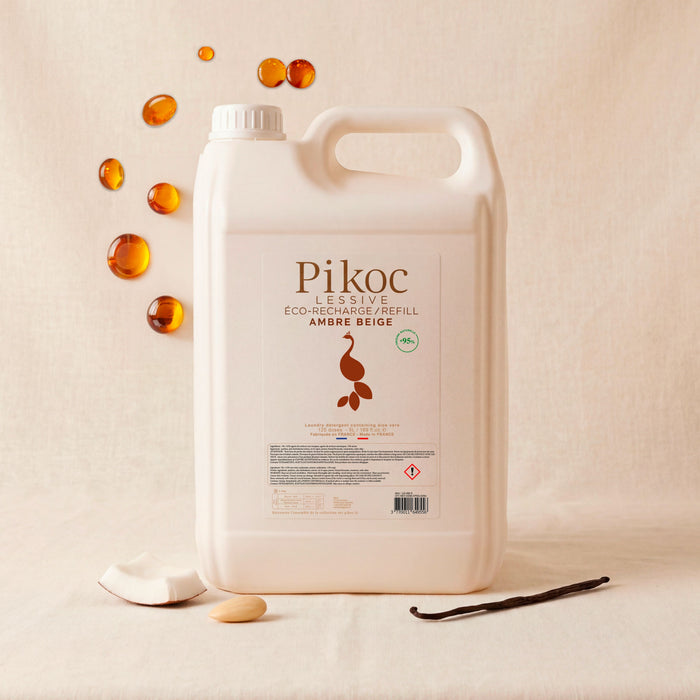 Éco-recharge Lessive Pikoc Ambre Beige, 5L, pyramide olfactive avec ingrédients, notes de fond, de tête et de coeur
