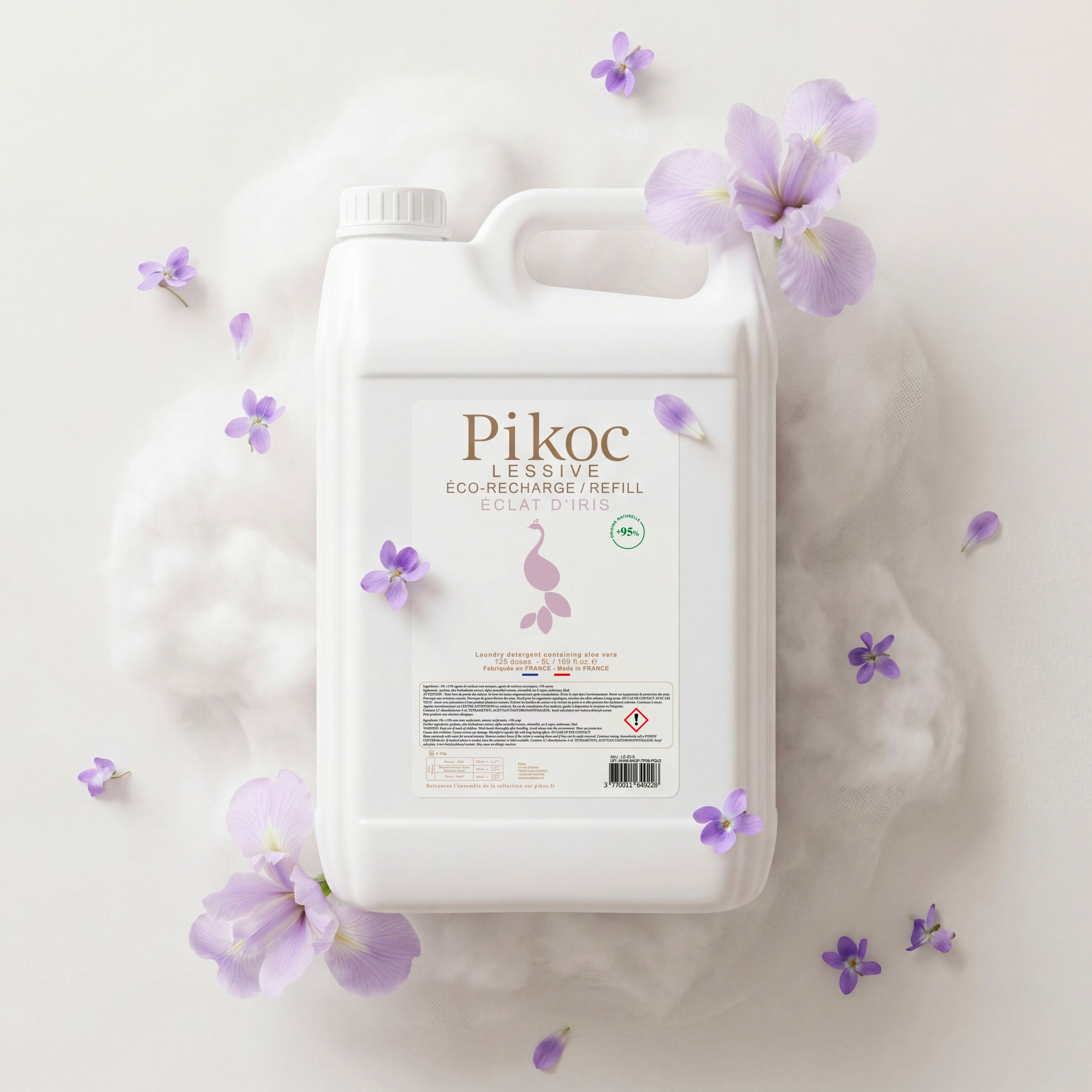 Éco-recharge Lessive Pikoc Éclat d’Iris, 5L, pyramide olfactive avec ingrédients, notes de fond, de tête et de coeur