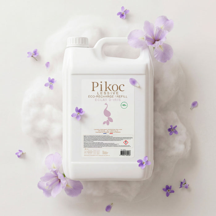 Éco-recharge Lessive Pikoc Éclat d’Iris, 5L, pyramide olfactive avec ingrédients, notes de fond, de tête et de coeur