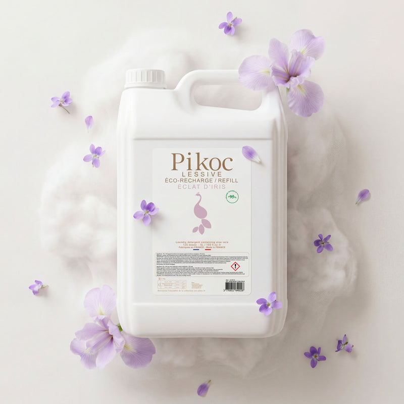Éco-recharge Lessive Pikoc Éclat d’Iris, 5L, pyramide olfactive avec ingrédients, notes de fond, de tête et de coeur