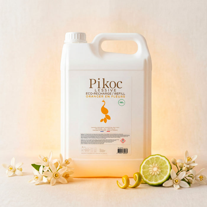 Éco-recharge Lessive Pikoc Oranger en Fleurs, 5L, pyramide olfactive avec ingrédients, notes de fond, de tête et de coeur
