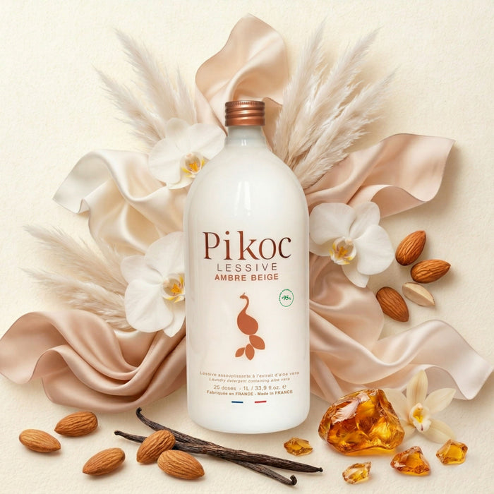 Lessive Pikoc Ambre Beige, 1L, pyramide olfactive avec ingrédients, notes de fond, de tête et de coeur