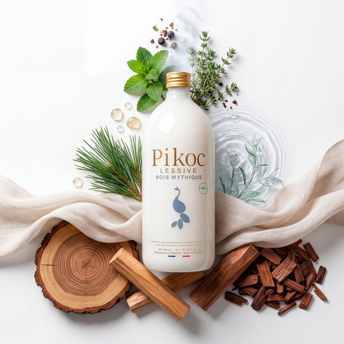 Lessive Pikoc Bois Mythique, 1L, pyramide olfactive avec ingrédients, notes de fond, de tête et de coeur