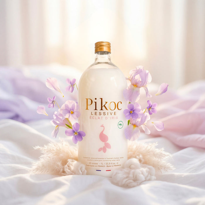 Lessive Pikoc Éclat d’Iris, 1L, pyramide olfactive avec ingrédients, notes de fond, de tête et de coeur
