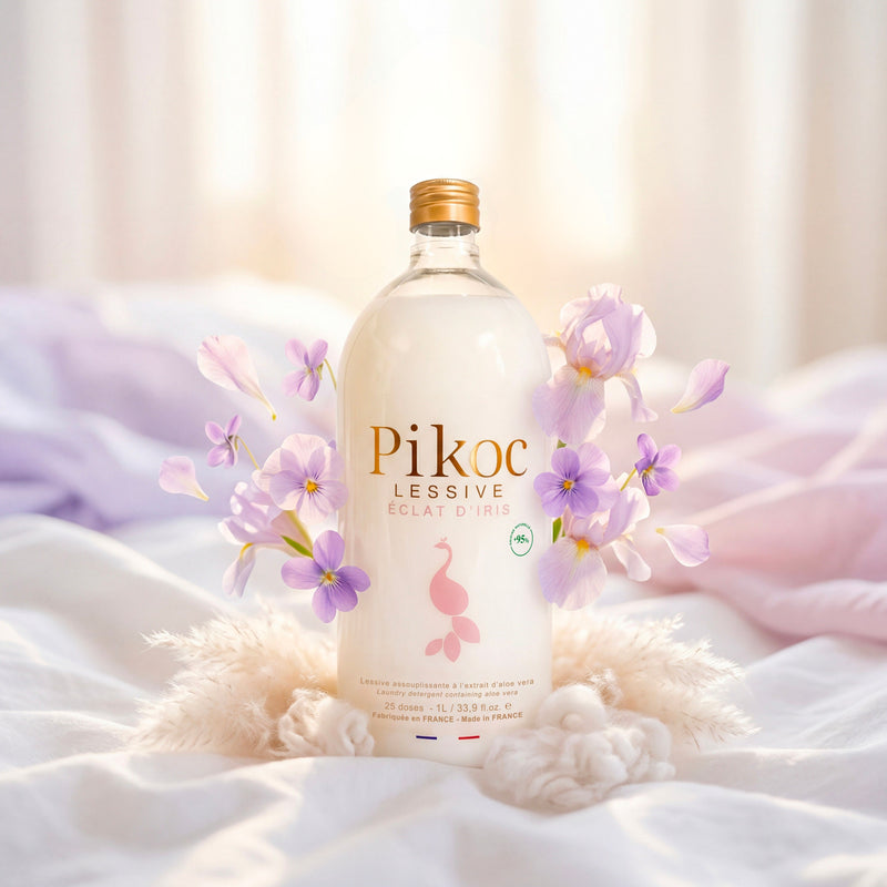 Lessive Pikoc Éclat d’Iris, 1L, pyramide olfactive avec ingrédients, notes de fond, de tête et de coeur