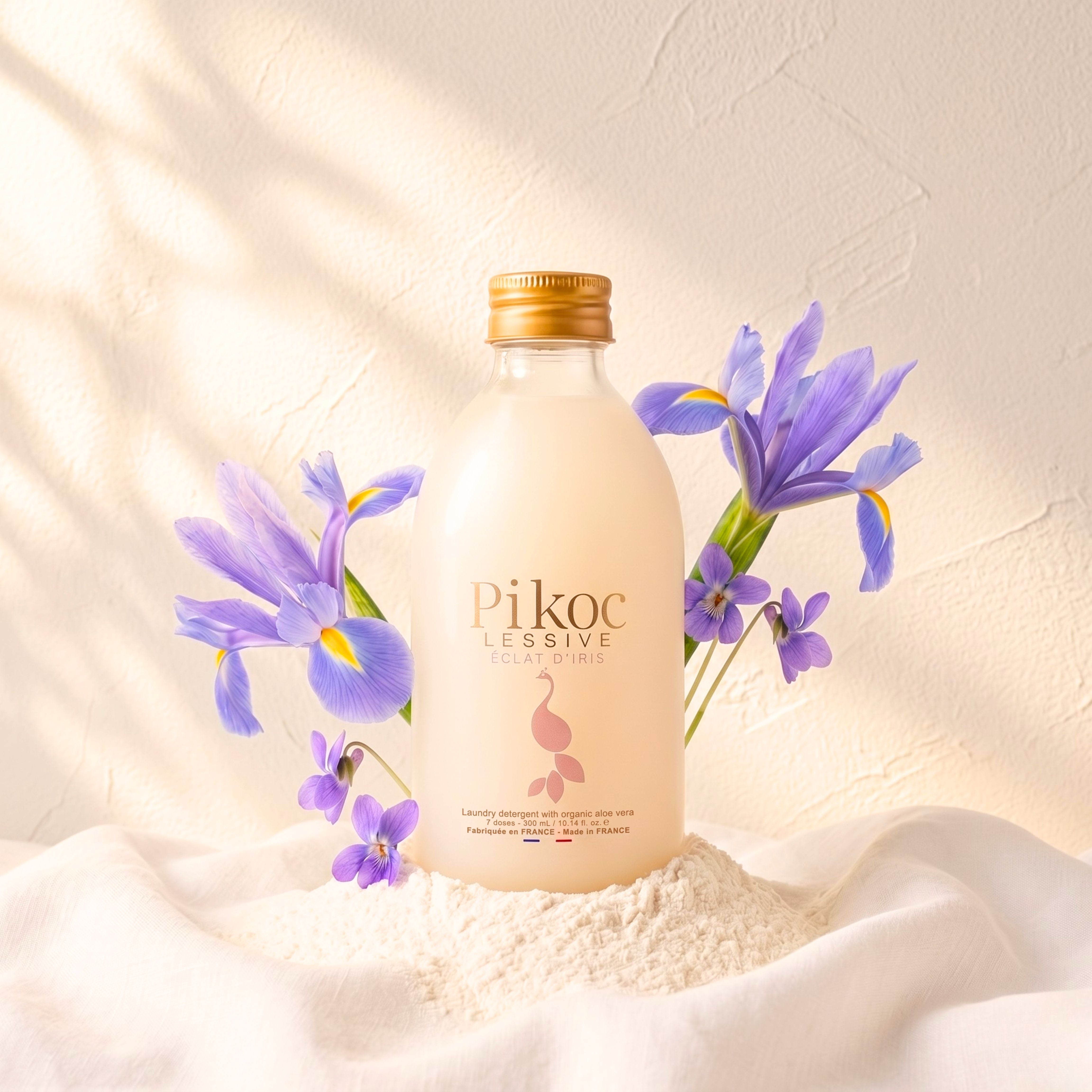 Lessive Pikoc Éclat d’Iris, 300mL, pyramide olfactive avec ingrédients, notes de fond, de tête et de coeur