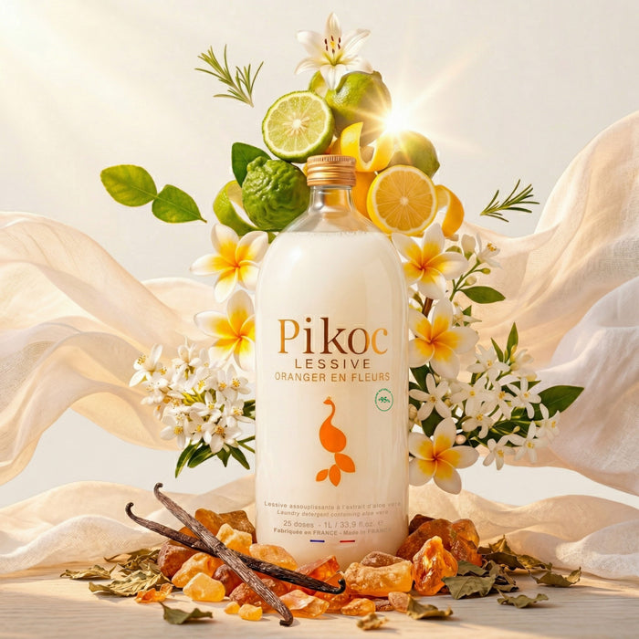 Lessive Pikoc Oranger en Fleurs, 1L, pyramide olfactive avec ingrédients, notes de fond, de tête et de coeur