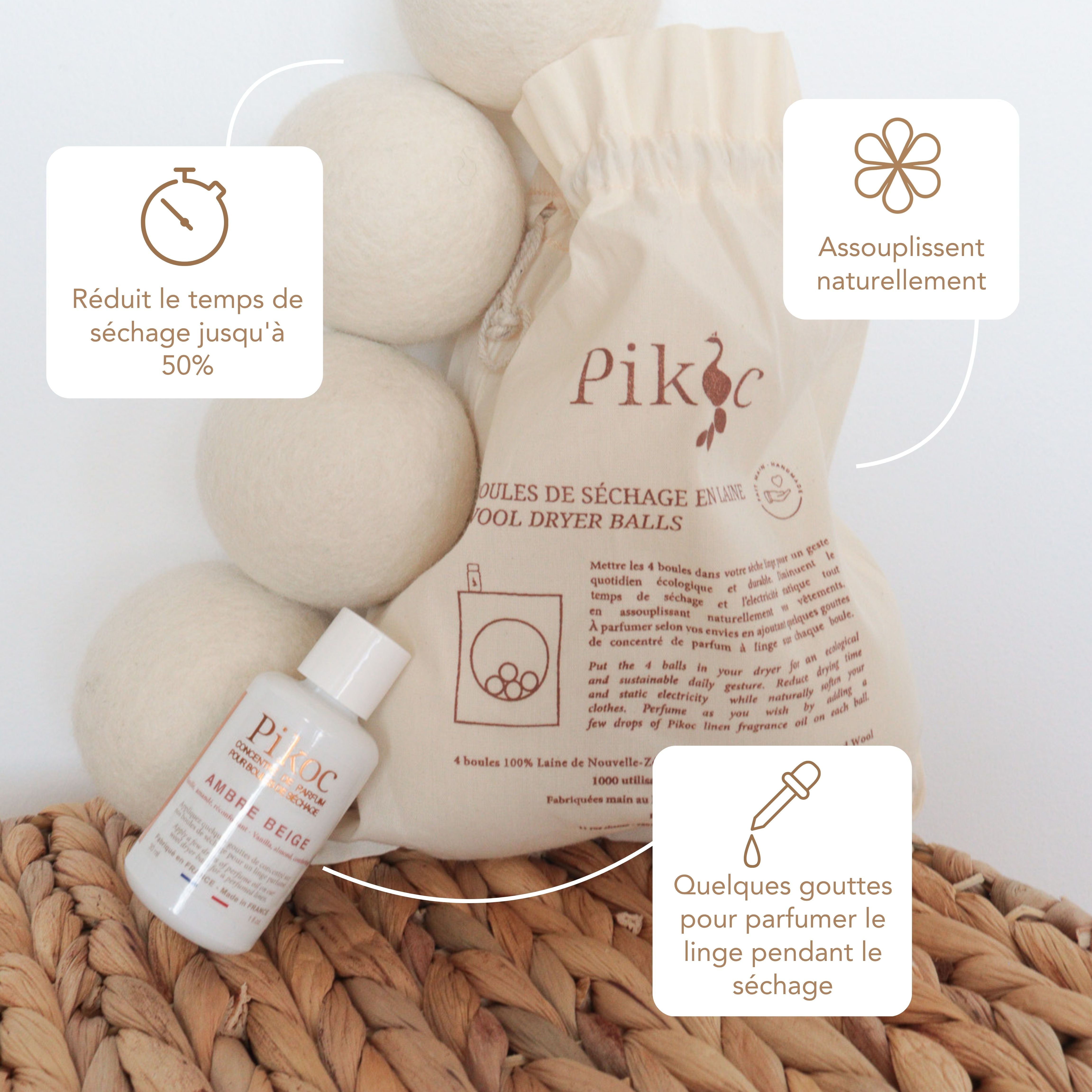 Set de séchage Pikoc Ambre Beige, réduit le temps de séchage jusqu'à 50%, assouplit naturellement, quelques gouttes suffisent pour parfumer le linge pendant le séchage