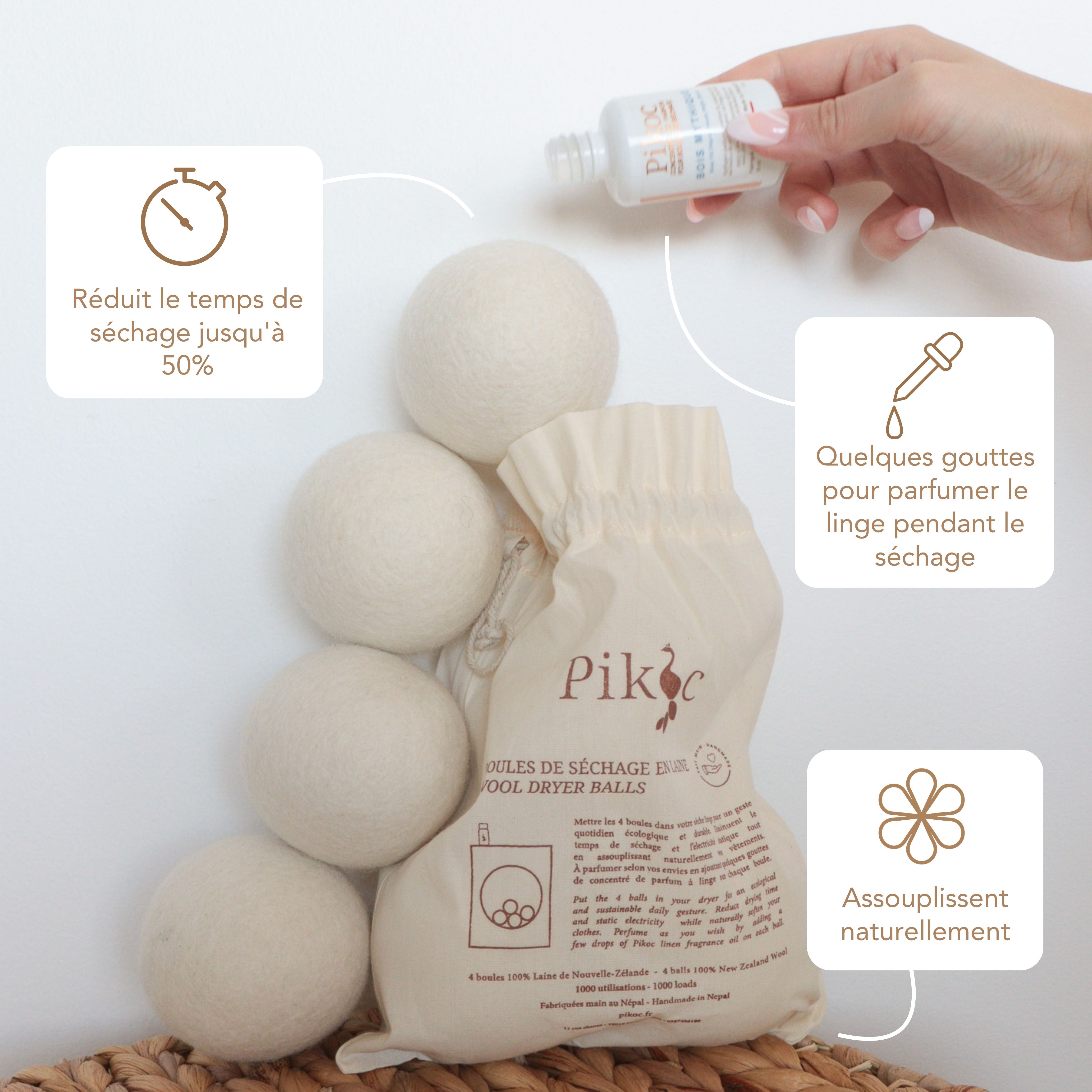Set de séchage Pikoc Bois Mythique, réduit le temps de séchage jusqu'à 50%, assouplit naturellement, quelques gouttes suffisent pour parfumer le linge pendant le séchage