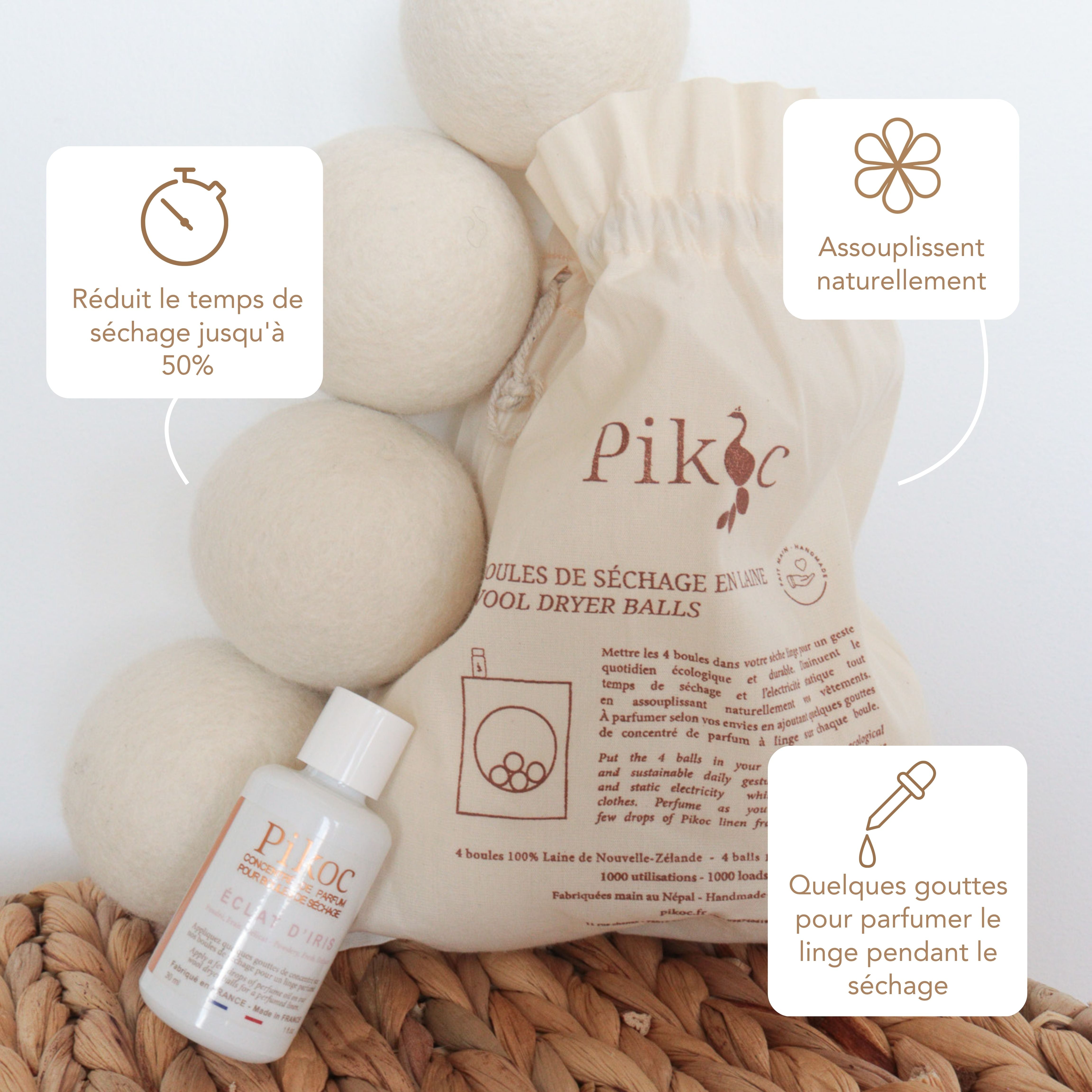 Set de séchage Pikoc Éclat d’Iris, réduit le temps de séchage jusqu'à 50%, assouplit naturellement, quelques gouttes suffisent pour parfumer le linge pendant le séchage